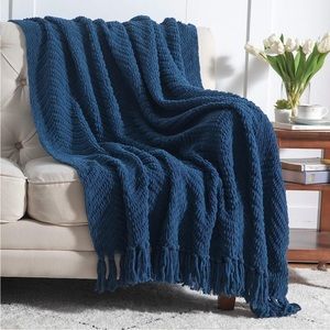 West Elm Navy Blue Fringe Warm Cute Chevron Luxury Fashionable Gift Soft Blanket